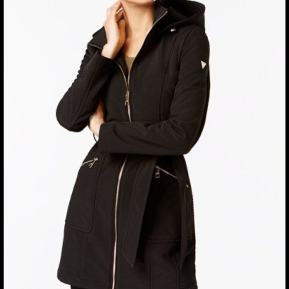 GUESS Black Softshell Zip Up Belted Hooded RainCoat Jacket for Women Size L - Picture 2 of 12